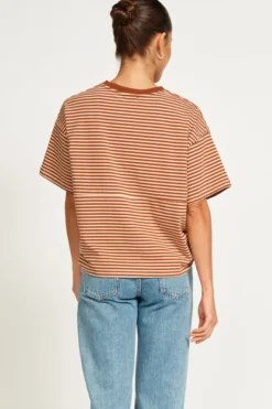 Hot Apero Vintage Drop Shoulder Cropped Tee - Brown/Tan Stripe