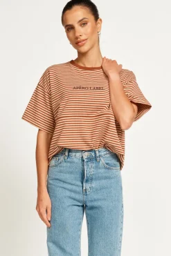 Hot Apero Vintage Drop Shoulder Cropped Tee - Brown/Tan Stripe