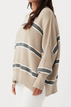 Outlet ARCAA Harper Stripe Sweater - Taupe, Cream & Dark Grey Marle