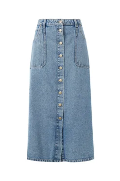 Clearance Ceres Life Button Through Denim Midi Skirt - Mid Vintage Blue