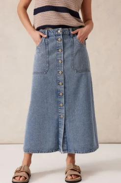 Clearance Ceres Life Button Through Denim Midi Skirt - Mid Vintage Blue