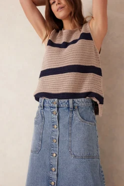 Clearance Ceres Life Button Through Denim Midi Skirt - Mid Vintage Blue