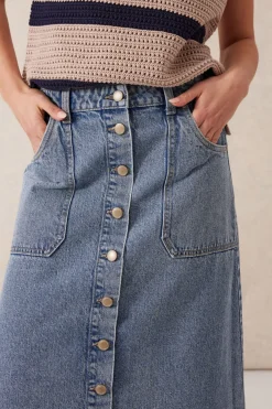 Clearance Ceres Life Button Through Denim Midi Skirt - Mid Vintage Blue
