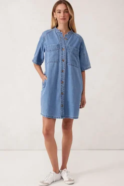 New Ceres Life Collarless Relaxed Short Sleeve Denim Dress - Vintage Blue