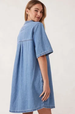 New Ceres Life Collarless Relaxed Short Sleeve Denim Dress - Vintage Blue