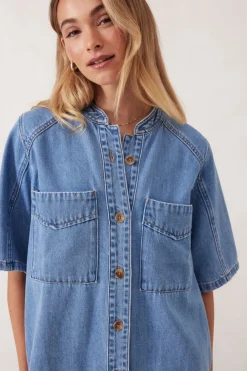 New Ceres Life Collarless Relaxed Short Sleeve Denim Dress - Vintage Blue