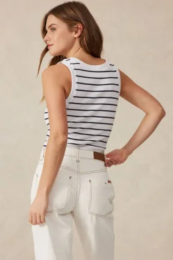Sale Ceres Life Contour Rib Scoop Tank - White/New Navy Monogram Embroidery