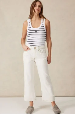 Sale Ceres Life Contour Rib Scoop Tank - White/New Navy Monogram Embroidery