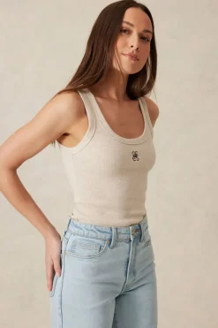 Hot Ceres Life Contour Rib Scoop Tank - Oatmeal/Black Monogram Embroidery