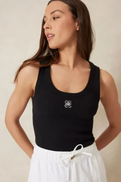 Clearance Ceres Life Contour Rib Scoop Tank - Black/White Monogram Embroidery