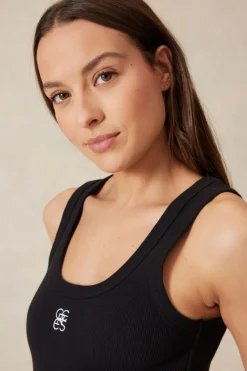 Clearance Ceres Life Contour Rib Scoop Tank - Black/White Monogram Embroidery