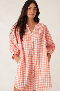 New Ceres Life Crinkle Mini Dress - Coral/White Gingham