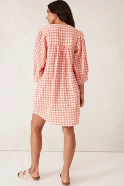 New Ceres Life Crinkle Mini Dress - Coral/White Gingham