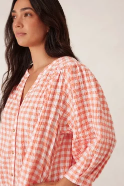 New Ceres Life Crinkle Mini Dress - Coral/White Gingham