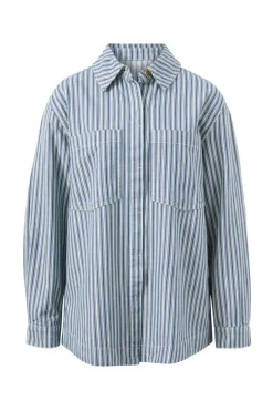 Hot Ceres Life Curved Hem Shacket - Lagoon Blue Stripe
