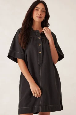 New Ceres Life Half Placket Tunic Dress- Black Twill