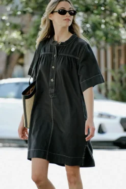 New Ceres Life Half Placket Tunic Dress- Black Twill