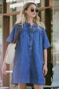 Best Ceres Life Half Placket Tunic Dress - Fresh Indigo
