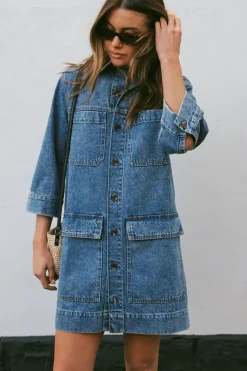Hot Ceres Life Half Sleeve Boxy Shirt Dress - Fresh Indigo Denim