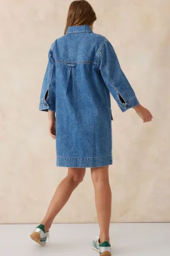 Hot Ceres Life Half Sleeve Boxy Shirt Dress - Fresh Indigo Denim
