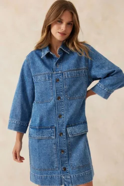 Hot Ceres Life Half Sleeve Boxy Shirt Dress - Fresh Indigo Denim