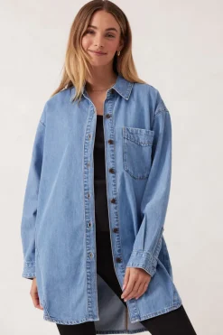 Discount Ceres Life Longline Panelled Denim Shirt - Mid Vintage Blue