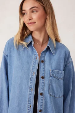 Discount Ceres Life Longline Panelled Denim Shirt - Mid Vintage Blue