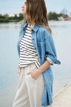 Discount Ceres Life Longline Panelled Denim Shirt - Mid Vintage Blue