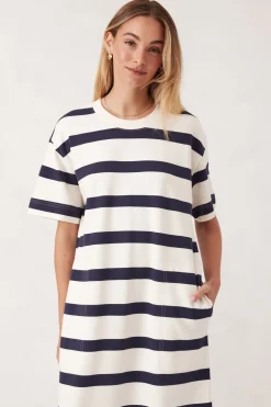 Fashion Ceres Life Midi Terry Dress - White Navy Bold Stripe