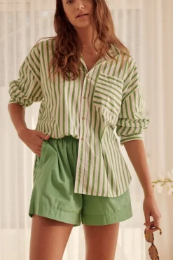Outlet Ceres Life Oversized Organic Cotton Poplin Shirt - Splash Green White Stripe