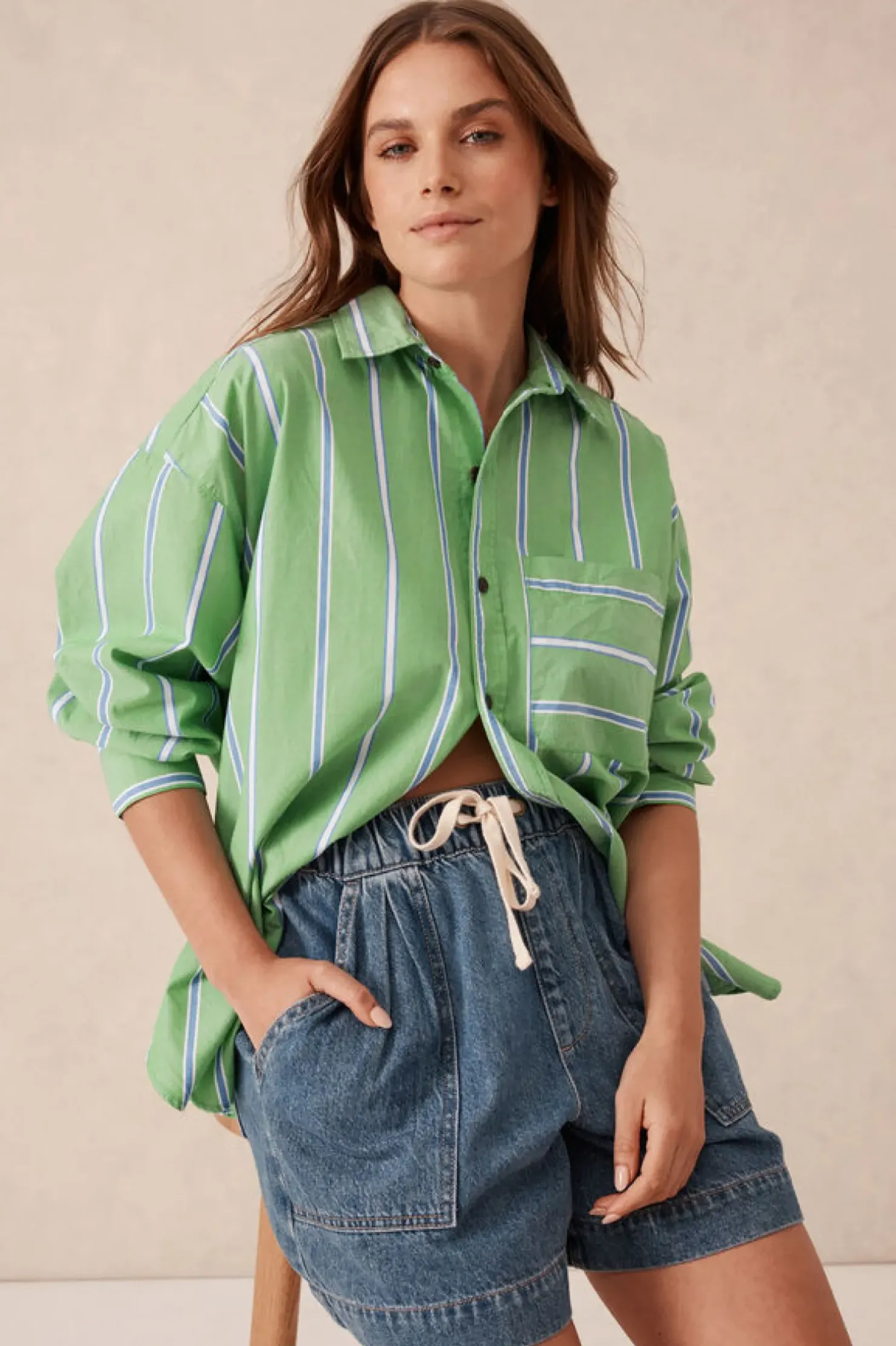 Online Ceres Life Oversized Organic Cotton Poplin Shirt - Grass Green Oxford Blue Stripe