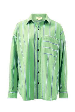 Online Ceres Life Oversized Organic Cotton Poplin Shirt - Grass Green Oxford Blue Stripe
