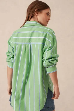 Online Ceres Life Oversized Organic Cotton Poplin Shirt - Grass Green Oxford Blue Stripe