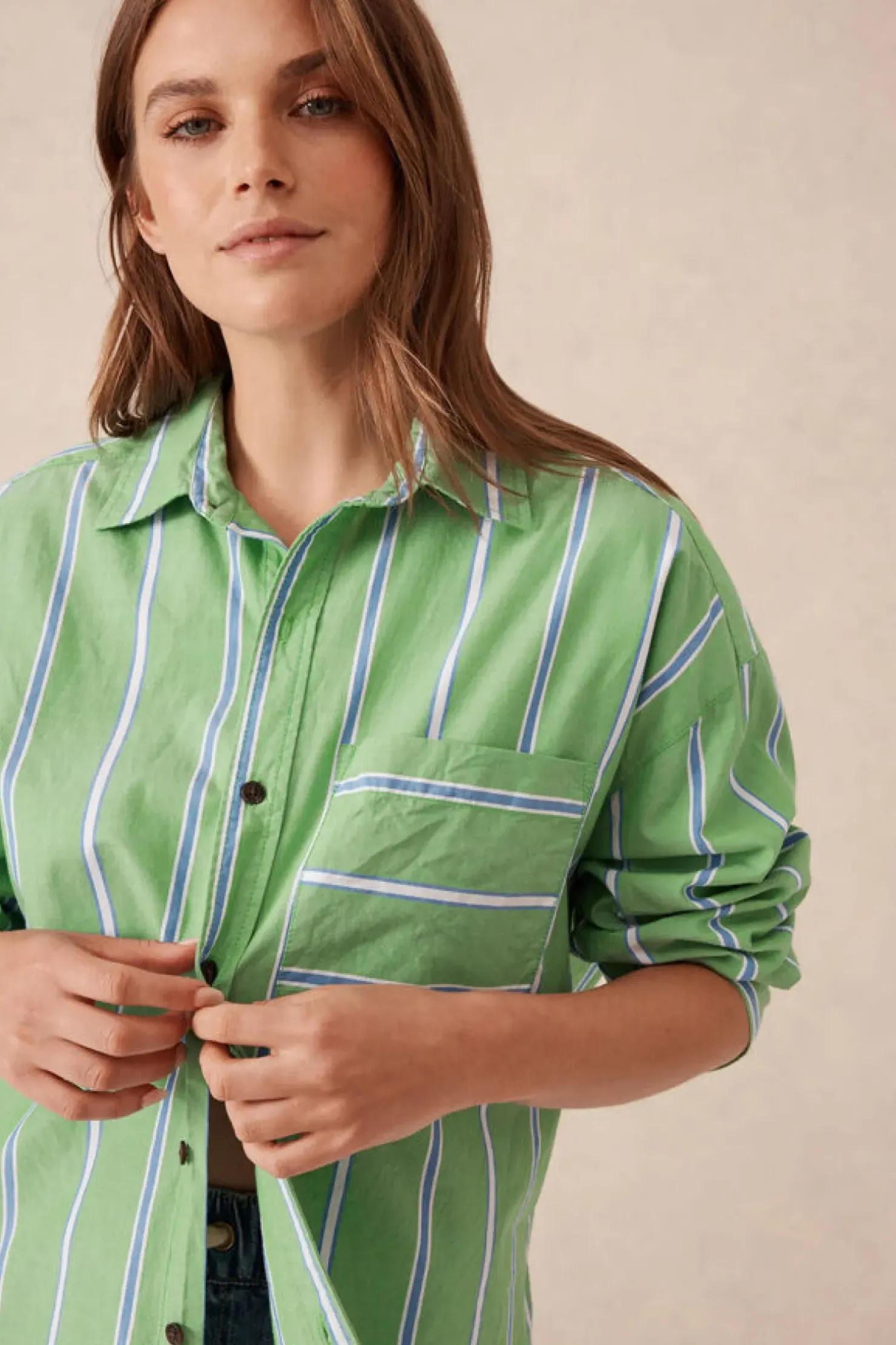 Online Ceres Life Oversized Organic Cotton Poplin Shirt - Grass Green Oxford Blue Stripe
