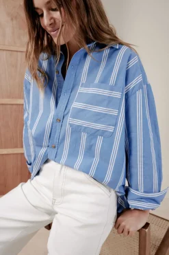Discount Ceres Life Oversized Organic Cotton Poplin Shirt - Blue White Triple Stripe