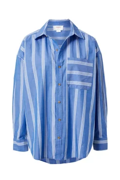 Discount Ceres Life Oversized Organic Cotton Poplin Shirt - Blue White Triple Stripe