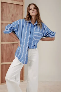 Discount Ceres Life Oversized Organic Cotton Poplin Shirt - Blue White Triple Stripe