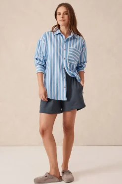Clearance Ceres Life Oversized Organic Cotton Poplin Shirt - Blue White Red Stripe