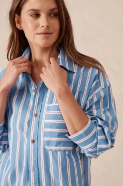 Clearance Ceres Life Oversized Organic Cotton Poplin Shirt - Blue White Red Stripe