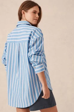 Clearance Ceres Life Oversized Organic Cotton Poplin Shirt - Blue White Red Stripe