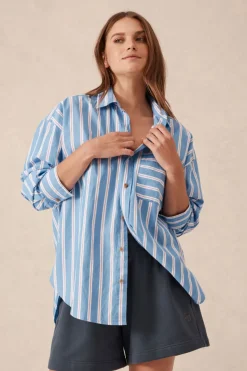 Clearance Ceres Life Oversized Organic Cotton Poplin Shirt - Blue White Red Stripe