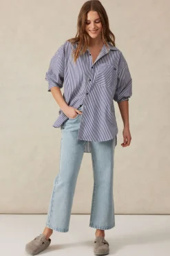 Discount Ceres Life Oversized Organic Cotton Poplin Shirt - College Blue White Narrow Stripe