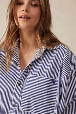 Discount Ceres Life Oversized Organic Cotton Poplin Shirt - College Blue White Narrow Stripe