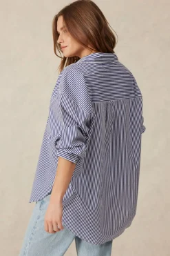 Discount Ceres Life Oversized Organic Cotton Poplin Shirt - College Blue White Narrow Stripe