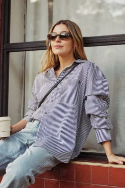 Discount Ceres Life Oversized Organic Cotton Poplin Shirt - College Blue White Narrow Stripe