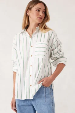 Best Ceres Life Oversized Poplin Shirt- Grass Fine Twin Stripe