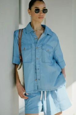 Clearance Ceres Life Relaxed Short Sleeve Shirt - Vintage Blue Pinstripe