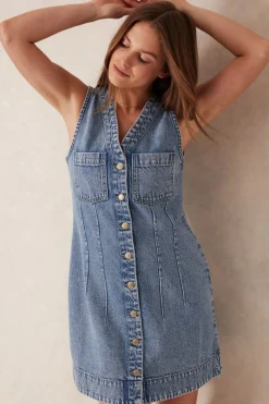 New Ceres Life Seamed Mini Shift Dress - Mid Vintage Blue