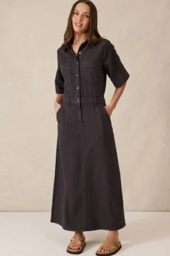 Discount Ceres Life Short Sleeve Denim Midi Shirt Dress - Washed Black Twill