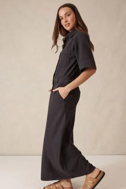 Discount Ceres Life Short Sleeve Denim Midi Shirt Dress - Washed Black Twill